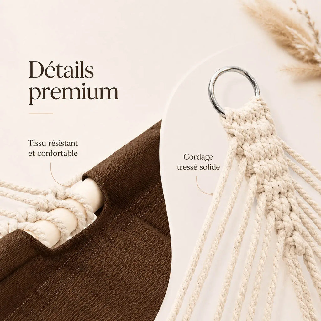 Hamac double avec barres bois et boucles métal renforcées