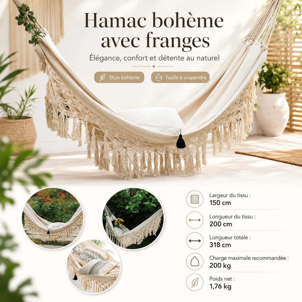 Hamac double bohème à franges pour terrasse