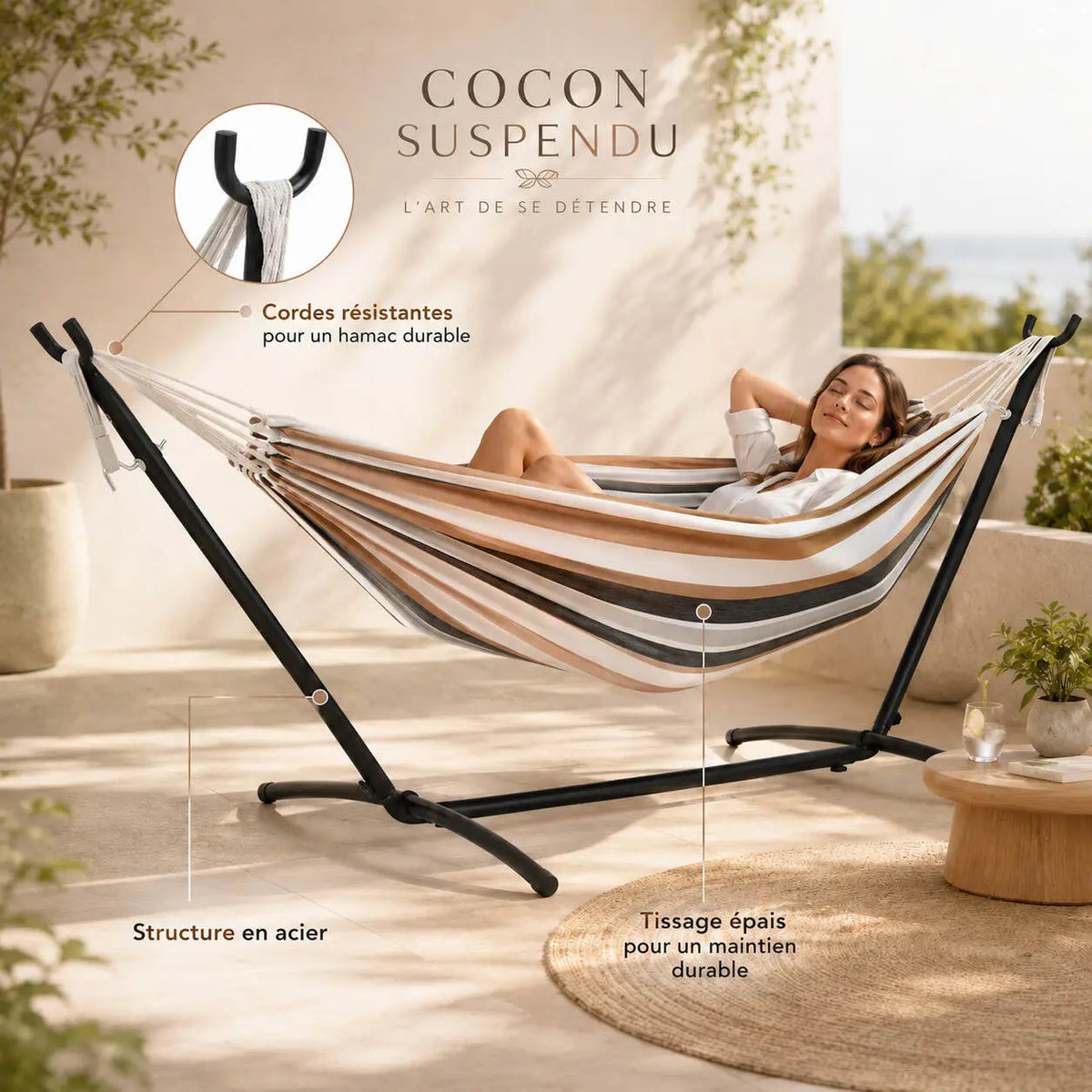 Hamac double café avec support pour terrasse