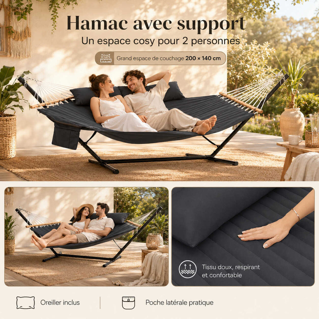 Hamac avec coussin et poche latérale — détente confortable pour 2 personnes