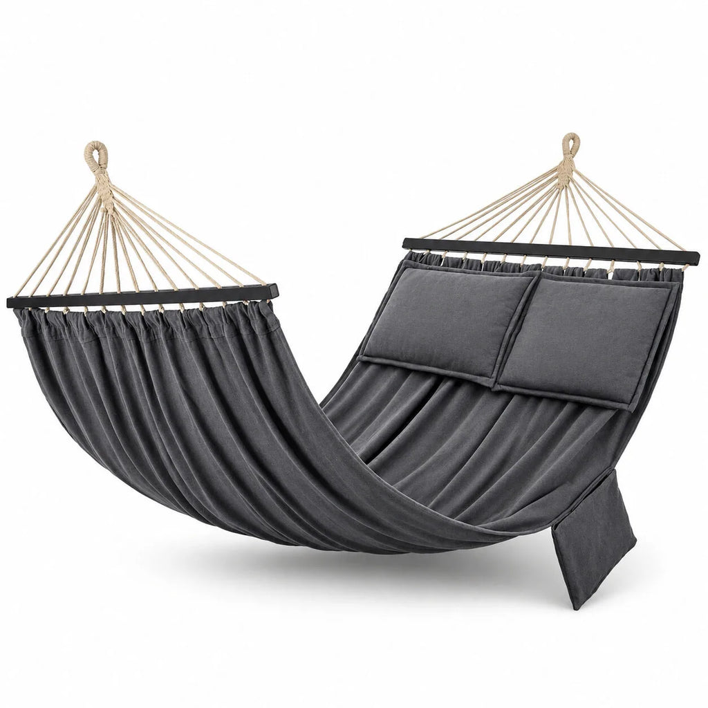 Hamac double gris avec 2 coussins moelleux
