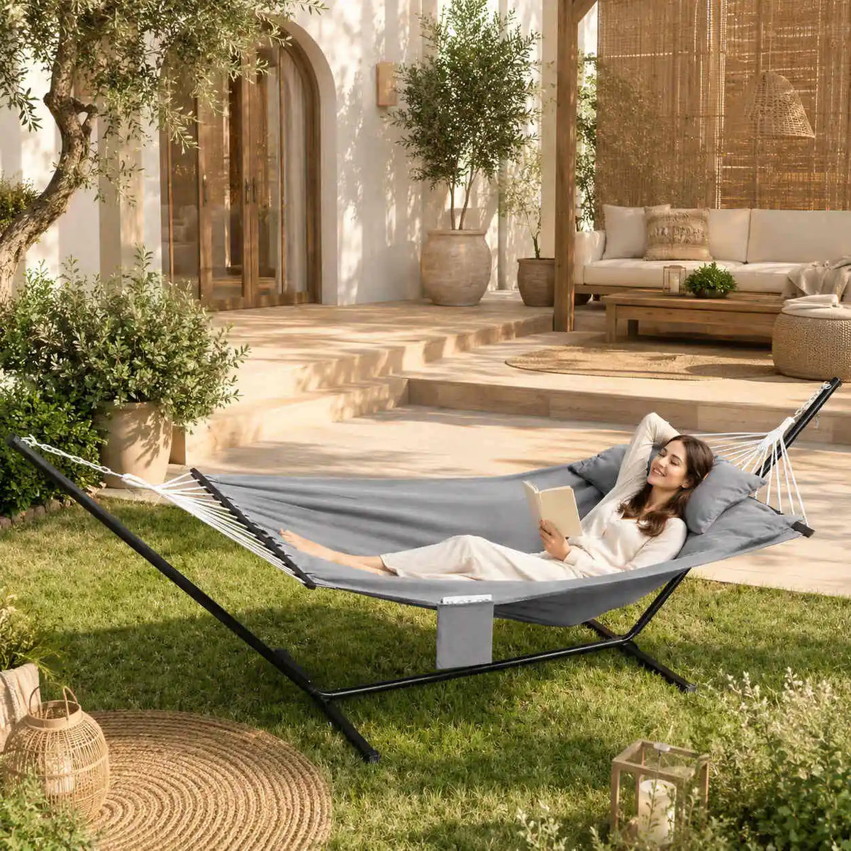 Hamac double gris 210 x 150 cm en coton polyester