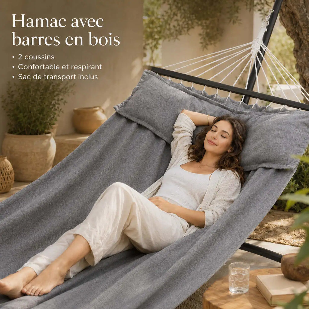 Hamac double gris charge 300 kg pour 2 personnes