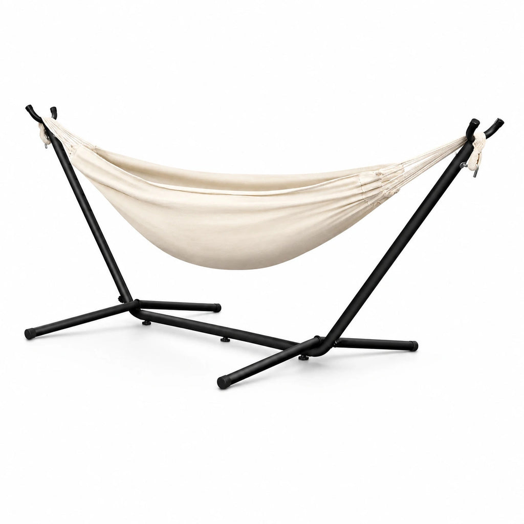 Hamac double portable beige avec support acier pour 2 personnes