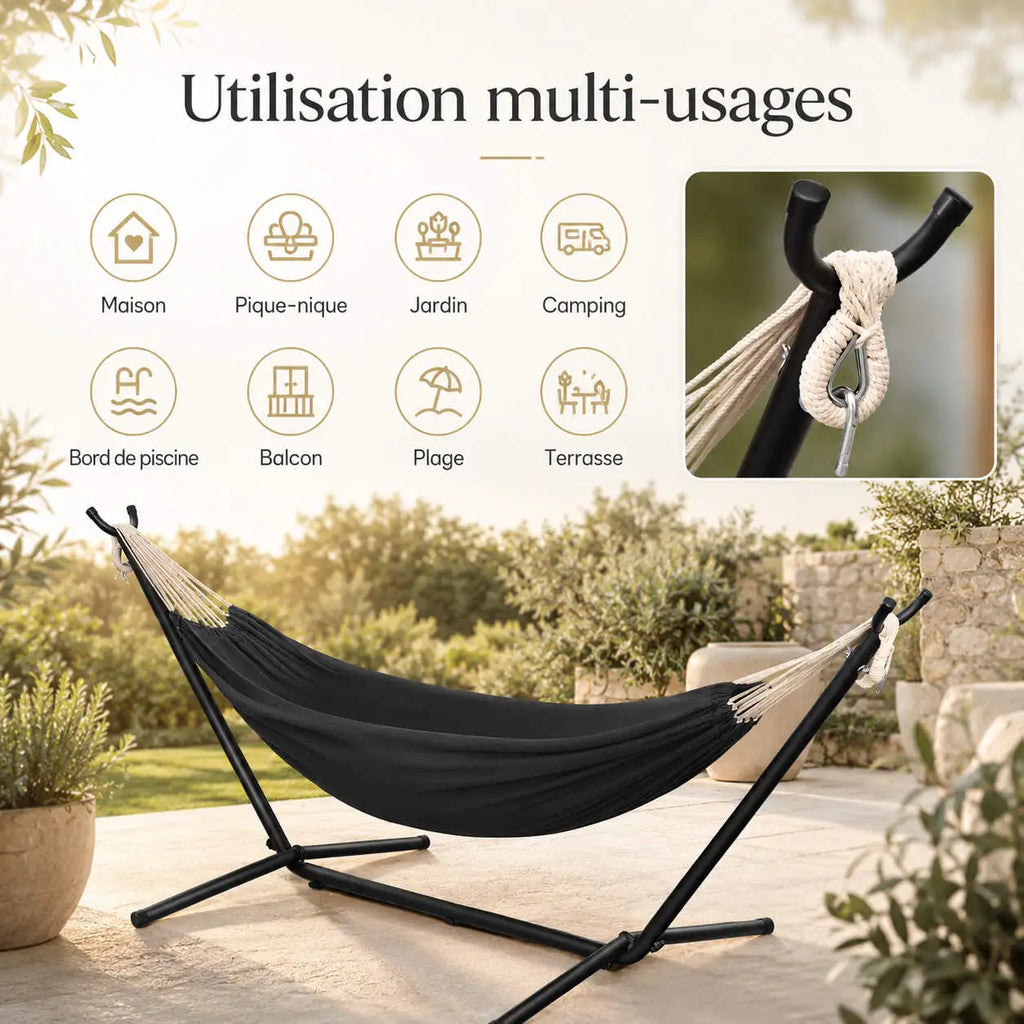 Hamac double portable pour jardin, terrasse et extérieur