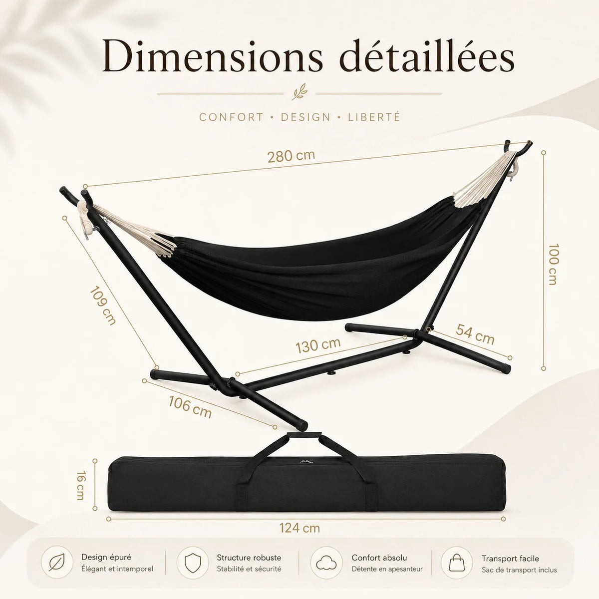 Hamac double portable — dimensions et taille du support