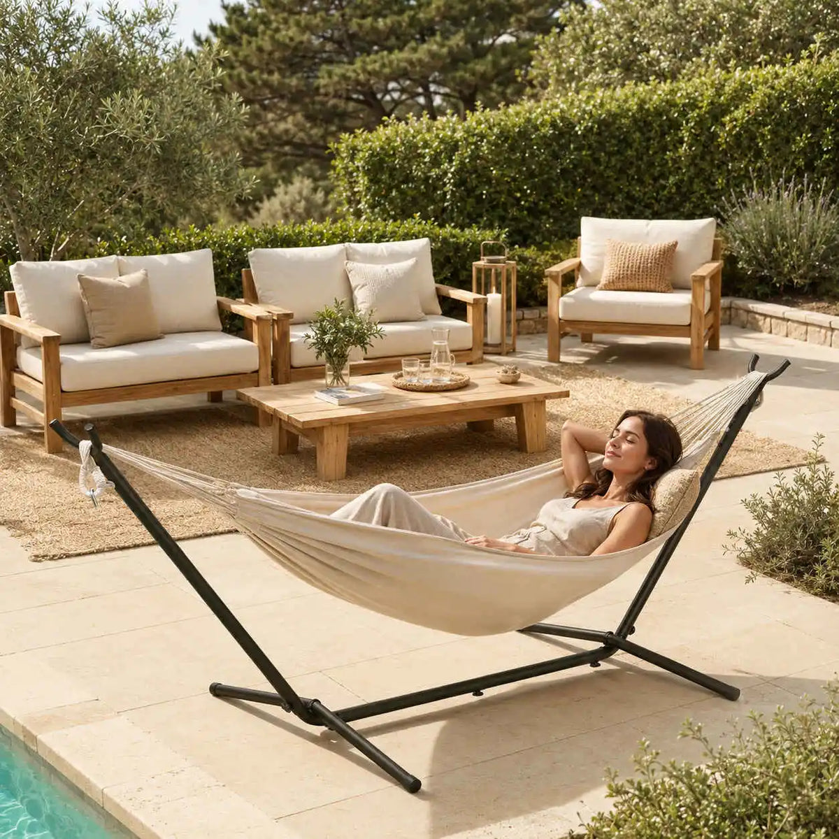 Hamac double avec support acier pour jardin et terrasse