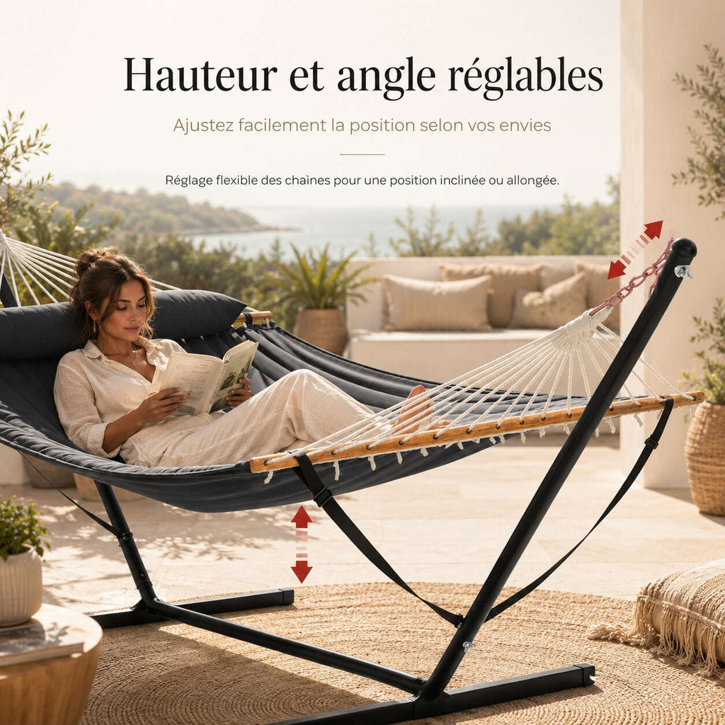 Hamac double avec support acier réglable en hauteur et inclinaison