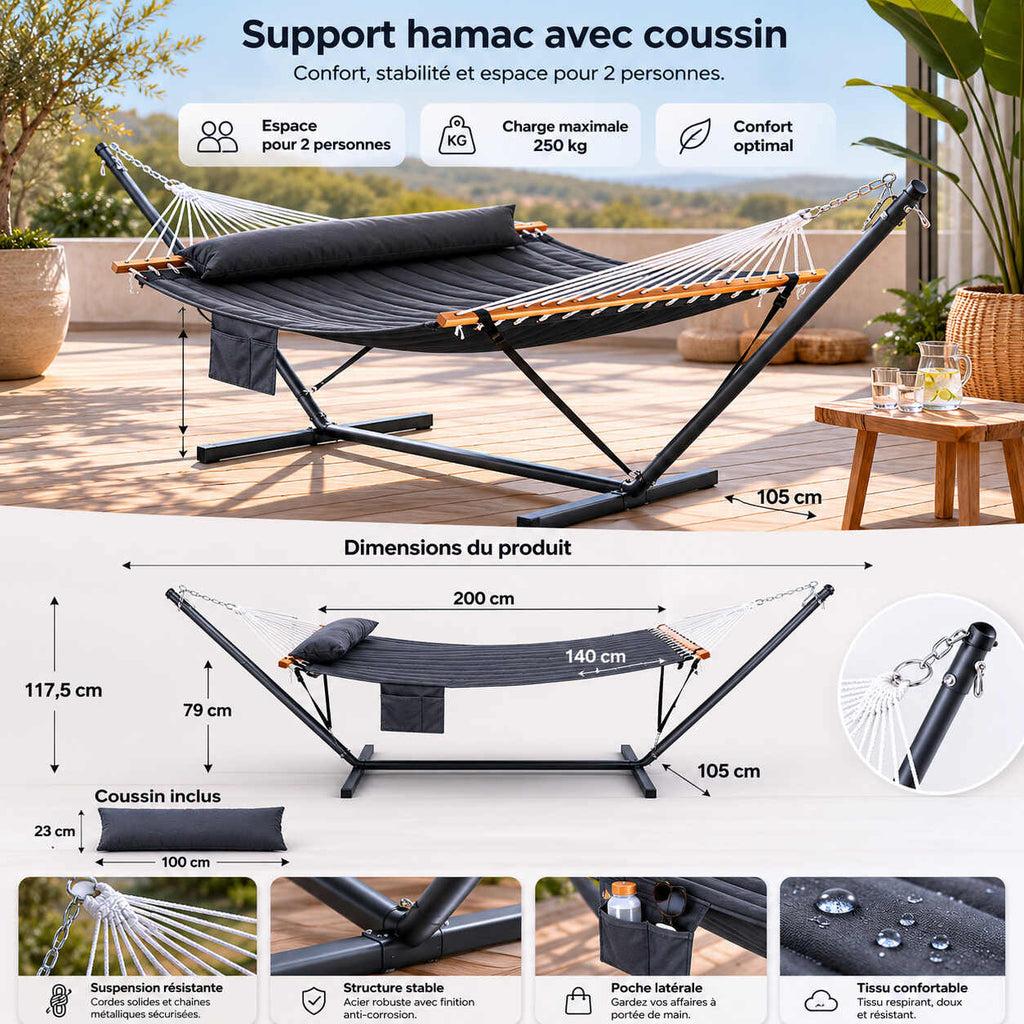 Support métallique du hamac double — cadre acier enduit poudre, 4 sangles